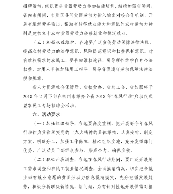 湖南省人力資源和社會保障廳 湖南省扶貧開發(fā)辦公室 湖南省總工會 湖南省婦女聯(lián)合會關(guān)于開展2018年春風(fēng)行動的通知（湘人社函〔2018〕39號）