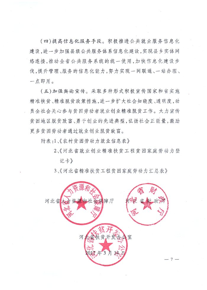 河北省人力資源和社會(huì)保障廳 財(cái)政廳 扶貧開(kāi)發(fā)辦公室關(guān)于深入實(shí)施就業(yè)創(chuàng)業(yè)精準(zhǔn)脫貧工程的通知（冀人社發(fā)〔2017〕9號(hào)）